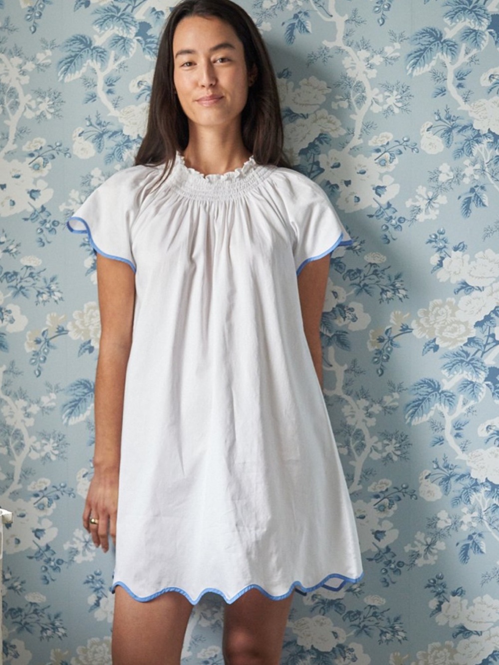 Lake Patio Dress in Sky Scalloped Edges Smocked Neck 100% Cotton Size XXL